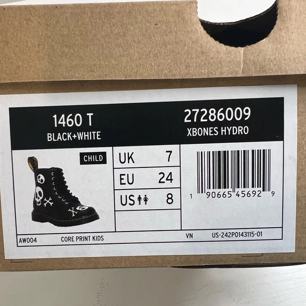 Dr. Martens Kids Black Leather Lace-Up Boots with White Skull Graphics